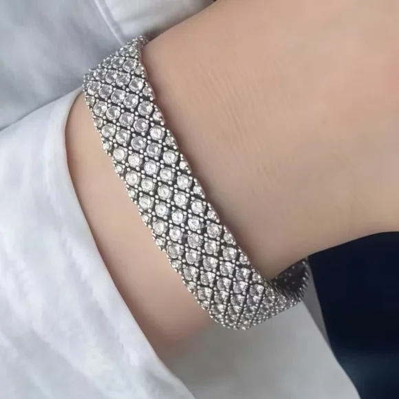 Dazzling 925 Sterling Silver Moissanite Wide Bracelet 6.79" New - Picture 2 of 13